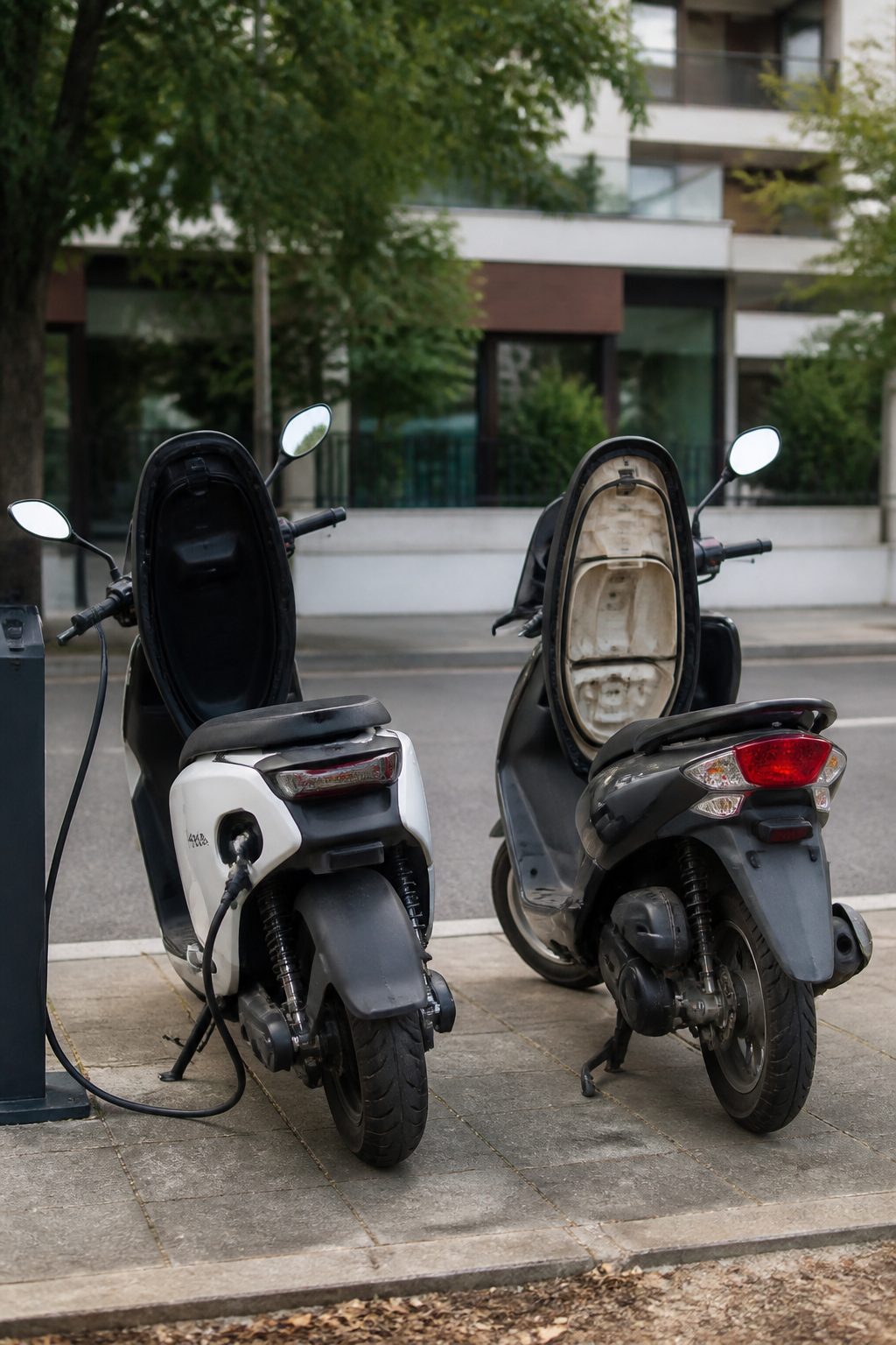 Kaldırım kenarında yan yana park etmiş iki scooter: solda şarj kablosu takılı elektrikli model, sağda benzinli model, ikisinin de sele altı bagaj kapağı açık