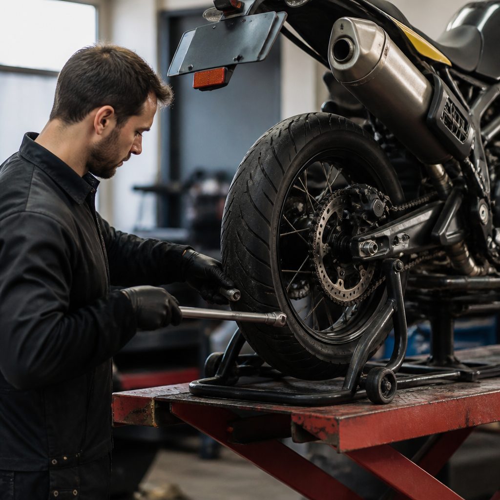 Kaldırma sehpasına alınmış bir motosikletin yanında, tork anahtarıyla arka tekerlek aksını sıkan servis teknisyeni
